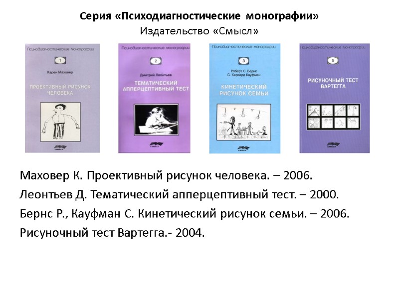 Серия «Психодиагностические монографии»  Издательство «Смысл» Маховер К. Проективный рисунок человека. – 2006. Леонтьев